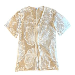 Off White Sunny Oceans Floral Lace Swim Cover Up Small